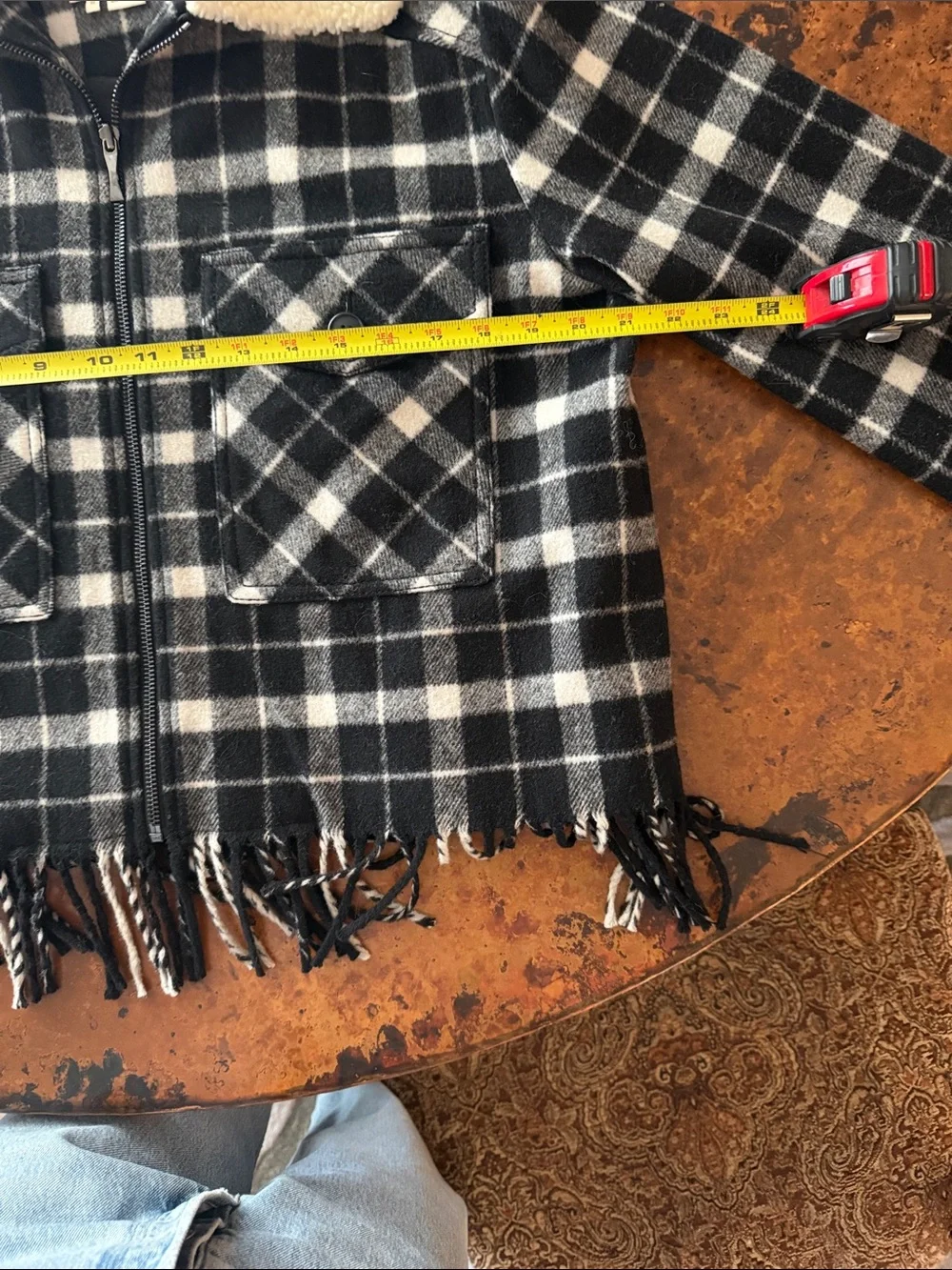 kate spade Black & White Plaid Sherpa Collar Fringe Jacket